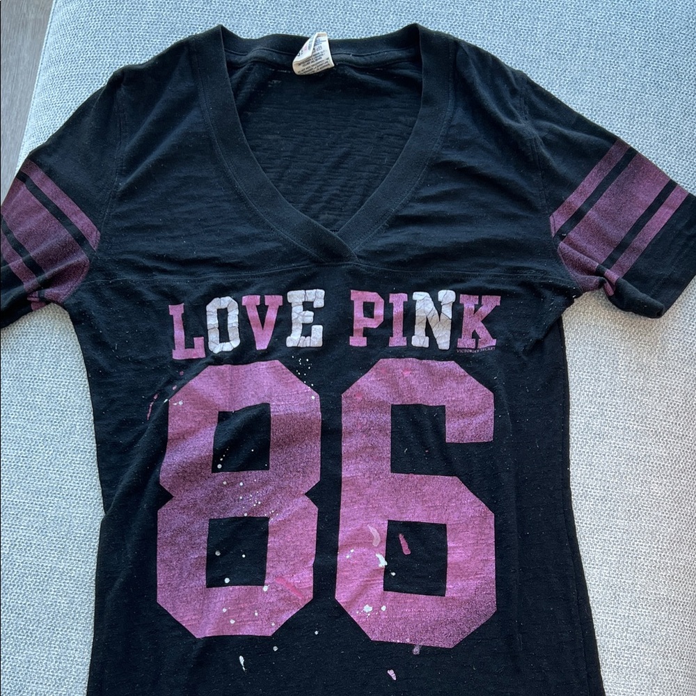 Victoria Secret Black and Pink Graphic Tee. Baseball style.